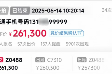 尾号99999手机号拍出26.13万元
