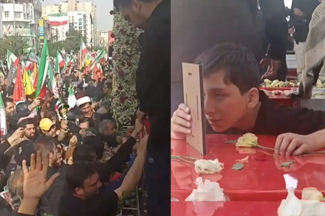 伊朗国葬现场：民众抚摸指挥官棺椁 