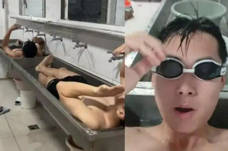 东北连日高温 学生躺卫生间水池降温