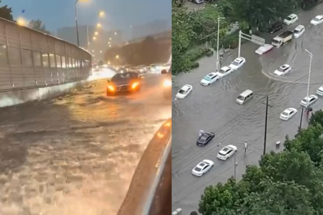四川暴雨：多路段积水 行车如划船 