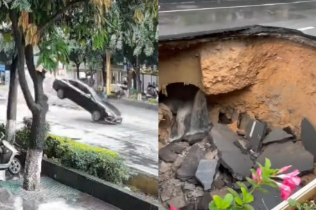 云南一路面突然塌陷汽车飞跃大坑